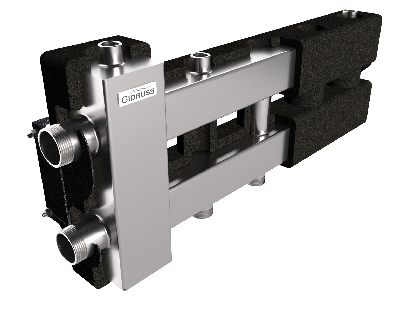 Балансировочный коллектор BMSS-80-3D.EPP (до 80 кВт, подкл. котла G 1¼″, 2 контура G 1″, боковой контур G 1¼″, зеркально-матовая полировка, 4D-кронштейны K.UMS, EPP-термоизоляция)
