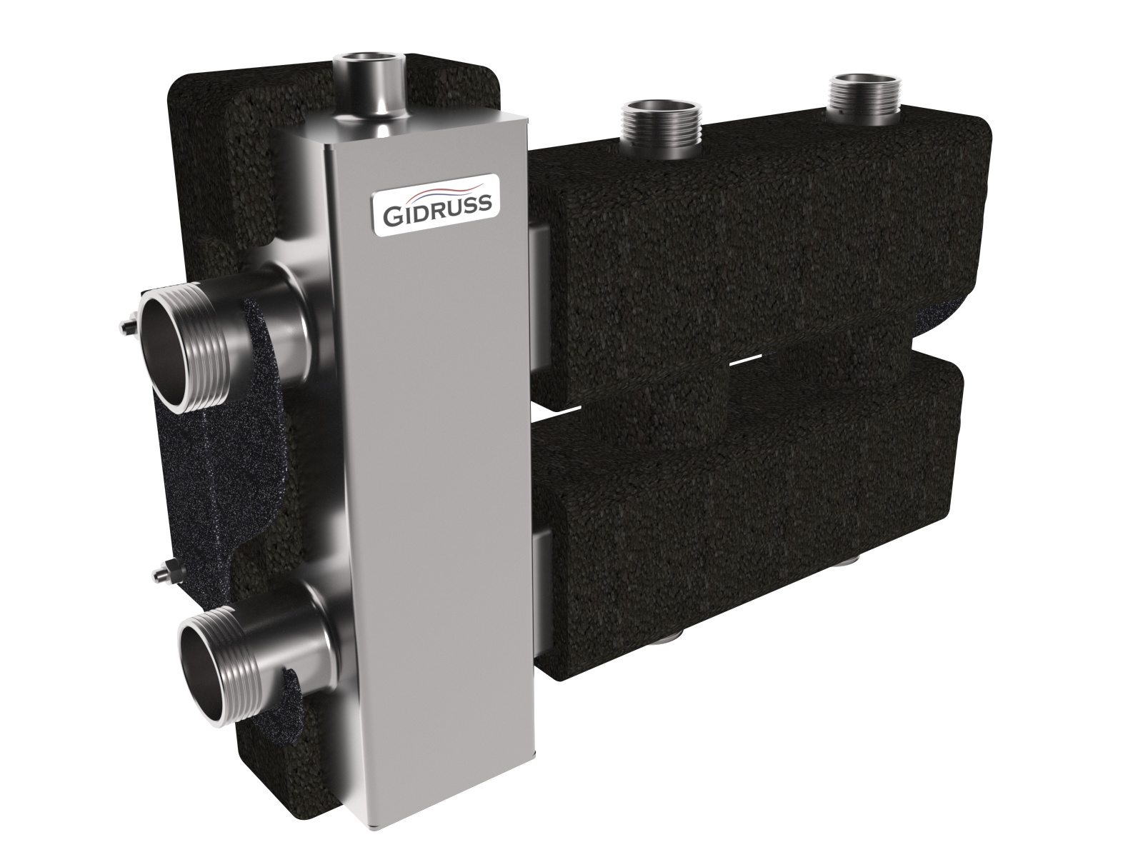 Балансировочный коллектор BMSS-80-3DU.EPP (до 80 кВт, подкл. котла G 1¼″, 1+1 контура G 1″, боковой контур G 1¼″, зеркально-матовая полировка, 4D-кронштейны K.UMS, EPP-термоизоляция)