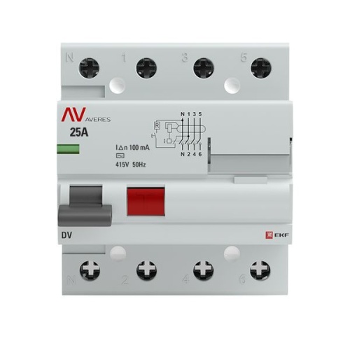 Выключатель дифференциального тока (УЗО) 4п 25А 100мА тип AC DV AVERES EKF rccb-4-25-100-ac-av