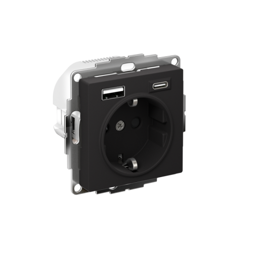 Розетка AtlasDesign 16А с 2-мя заряд. устройствами USB тип A+C 5В/2.4А 2х5В/1.2А механизм карбон SE ATN001032